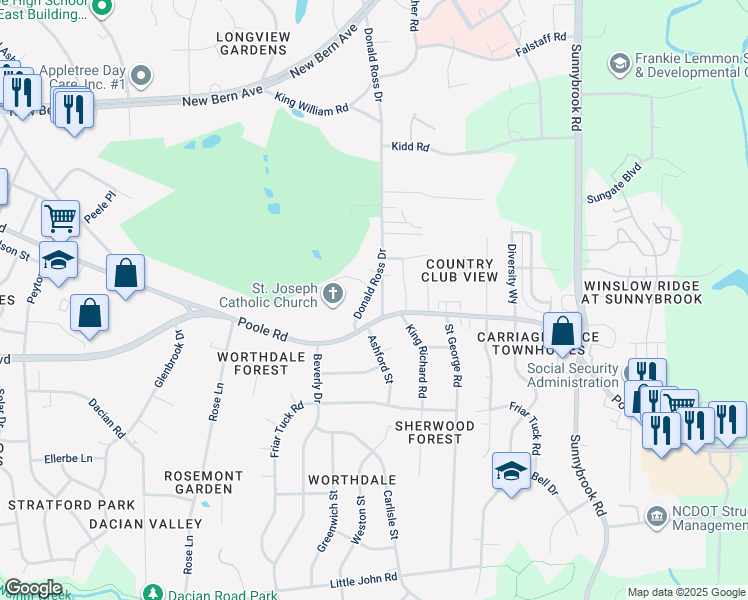 map of restaurants, bars, coffee shops, grocery stores, and more near 619 Donald Ross Drive in Raleigh