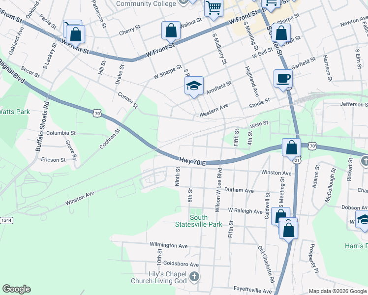 map of restaurants, bars, coffee shops, grocery stores, and more near 834 8th Street in Statesville
