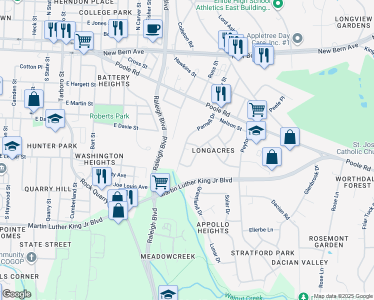 map of restaurants, bars, coffee shops, grocery stores, and more near 507 Parnell Drive in Raleigh