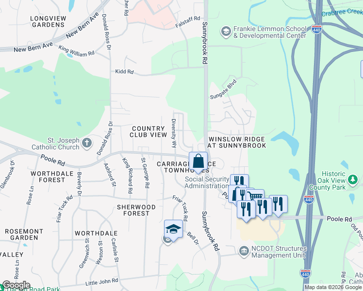 map of restaurants, bars, coffee shops, grocery stores, and more near 3209 Poole Road in Raleigh