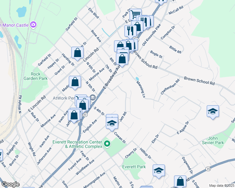 map of restaurants, bars, coffee shops, grocery stores, and more near 1803 Jett Road in Maryville