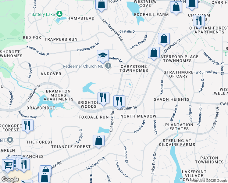 map of restaurants, bars, coffee shops, grocery stores, and more near 232 Oakmere Drive in Cary