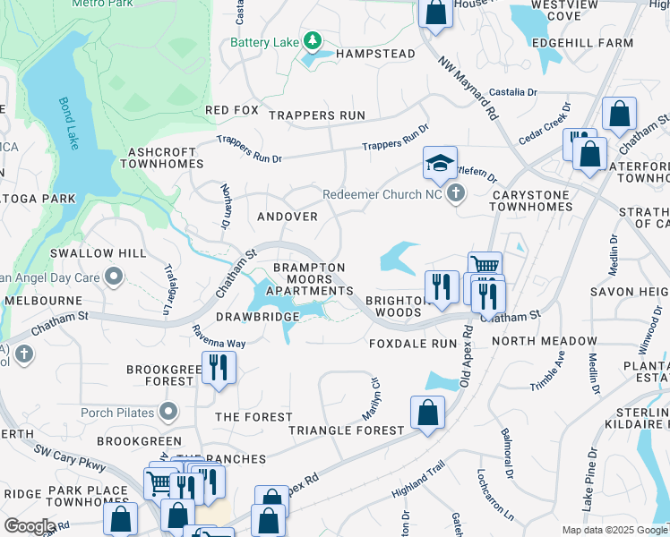 map of restaurants, bars, coffee shops, grocery stores, and more near 100 Leckford Way in Cary