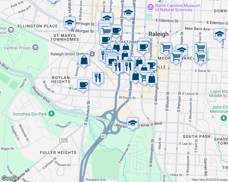 map of restaurants, bars, coffee shops, grocery stores, and more near 523 South Harrington Street in Raleigh
