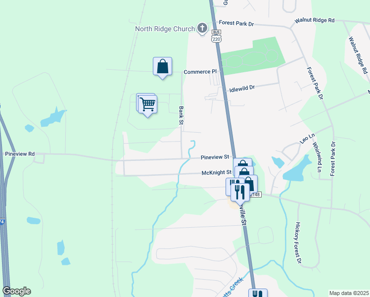 map of restaurants, bars, coffee shops, grocery stores, and more near 2450 Bank Street in Asheboro