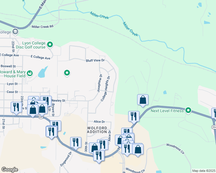 map of restaurants, bars, coffee shops, grocery stores, and more near 380 Bluff View Drive in Batesville