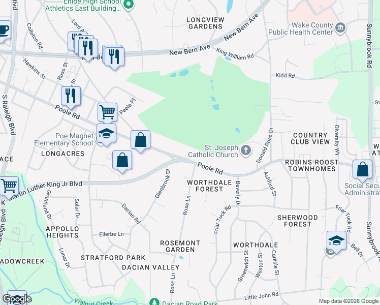 map of restaurants, bars, coffee shops, grocery stores, and more near 2619 Poole Road in Raleigh