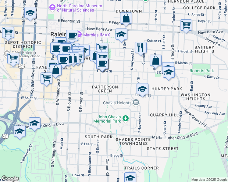 map of restaurants, bars, coffee shops, grocery stores, and more near 558 East Cabarrus Street in Raleigh
