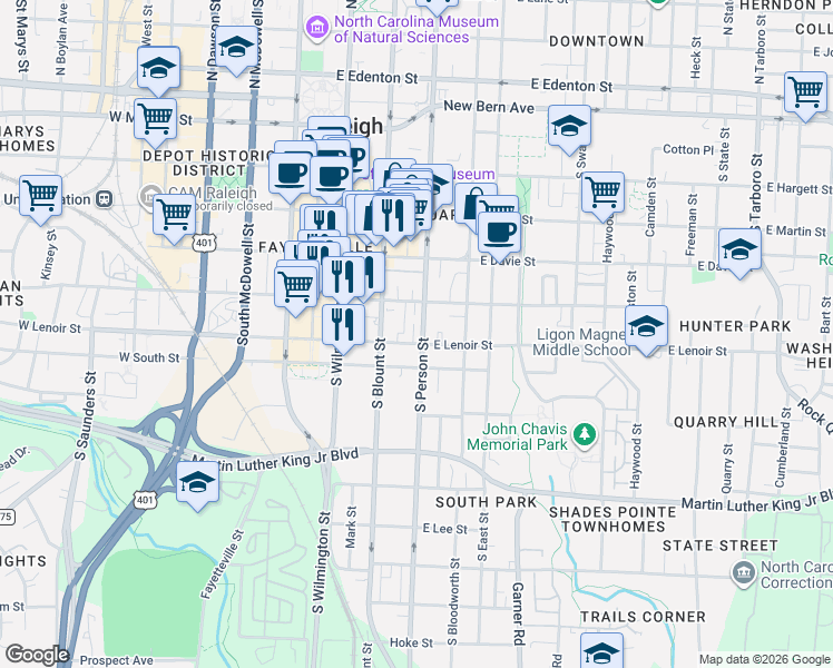 map of restaurants, bars, coffee shops, grocery stores, and more near 216 Regan Lane in Raleigh
