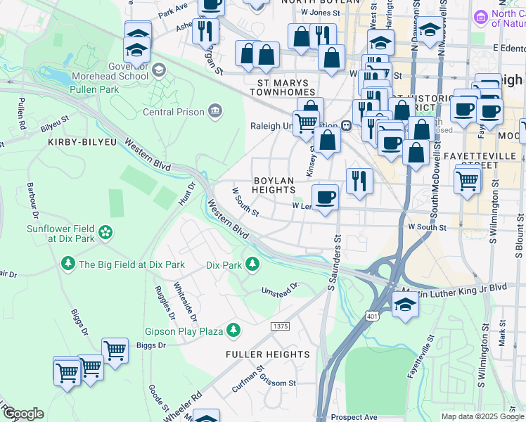 map of restaurants, bars, coffee shops, grocery stores, and more near 907 West Lenoir Street in Raleigh