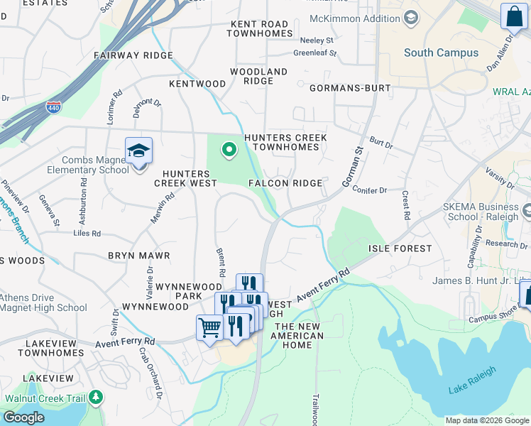 map of restaurants, bars, coffee shops, grocery stores, and more near 514 Brent Road in Raleigh