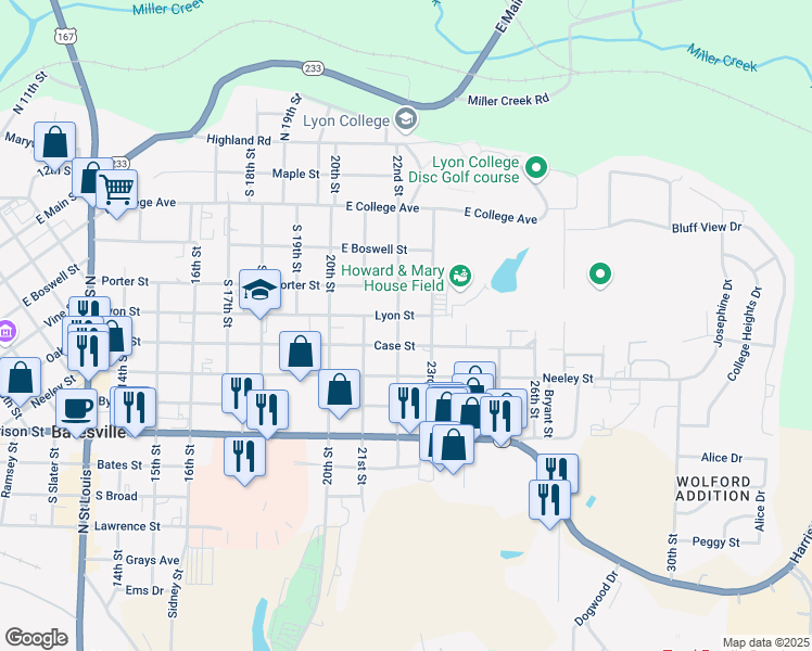 map of restaurants, bars, coffee shops, grocery stores, and more near 2165 Lyon Street in Batesville