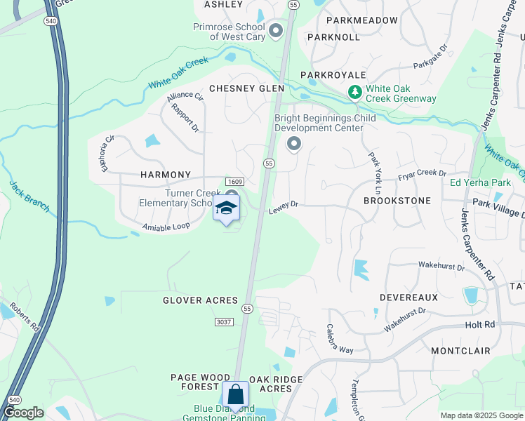 map of restaurants, bars, coffee shops, grocery stores, and more near Hwy 55 & Turner Creek Rd in Cary