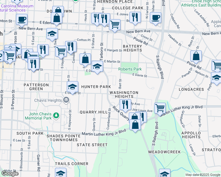map of restaurants, bars, coffee shops, grocery stores, and more near 505 Rock Quarry Rd in Raleigh