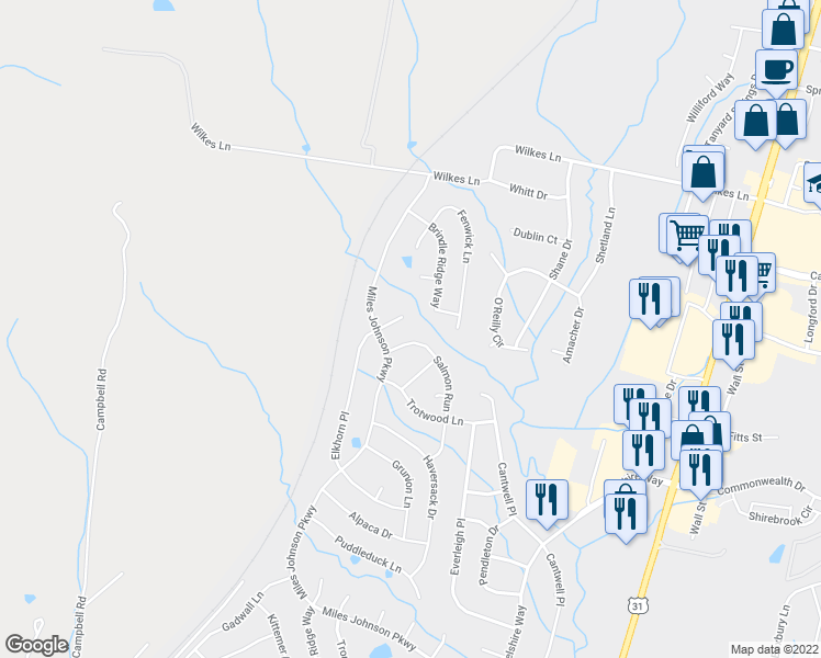 map of restaurants, bars, coffee shops, grocery stores, and more near 5109 Main Street in Spring Hill