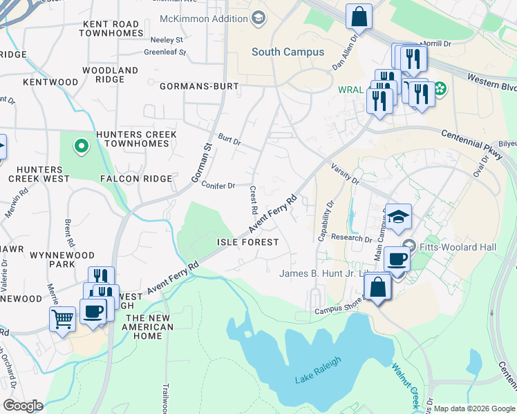 map of restaurants, bars, coffee shops, grocery stores, and more near 1707 Crest Road in Raleigh