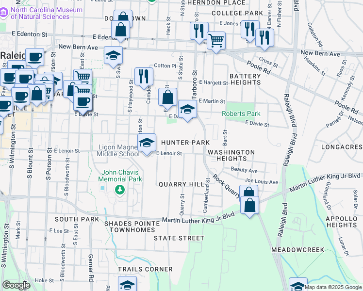 map of restaurants, bars, coffee shops, grocery stores, and more near 814 Postell Street in Raleigh