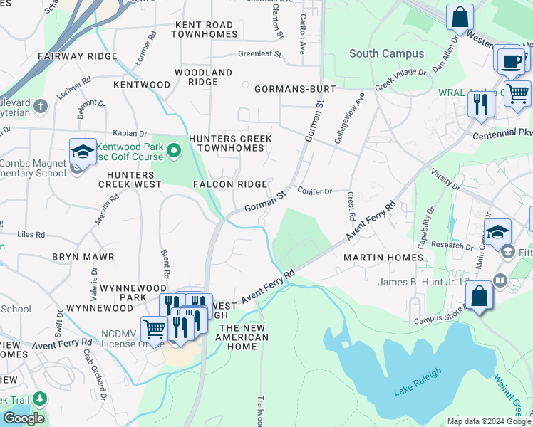 map of restaurants, bars, coffee shops, grocery stores, and more near 1511 Graduate Lane in Raleigh
