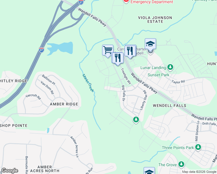 map of restaurants, bars, coffee shops, grocery stores, and more near 6227 Wendell Falls Parkway in Wendell