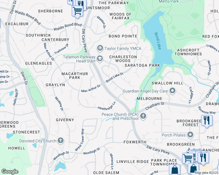 map of restaurants, bars, coffee shops, grocery stores, and more near 107 Glen Alpine Circle in Cary