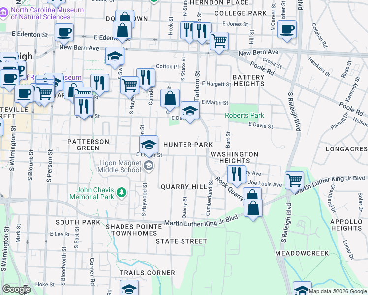 map of restaurants, bars, coffee shops, grocery stores, and more near 819 Postell Street in Raleigh