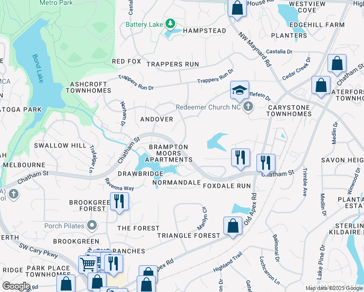 map of restaurants, bars, coffee shops, grocery stores, and more near 100 Leckford Way in Cary