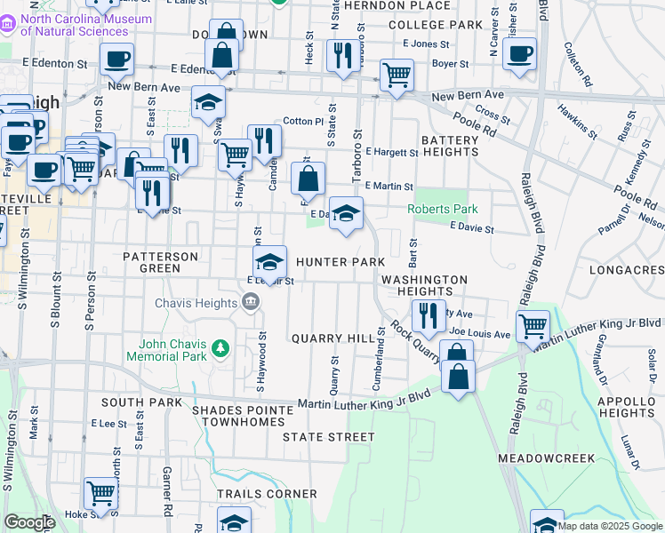 map of restaurants, bars, coffee shops, grocery stores, and more near 814 Postell Street in Raleigh