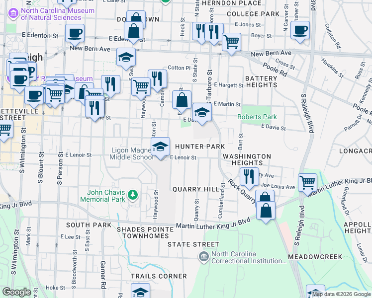map of restaurants, bars, coffee shops, grocery stores, and more near 819 Postell Street in Raleigh