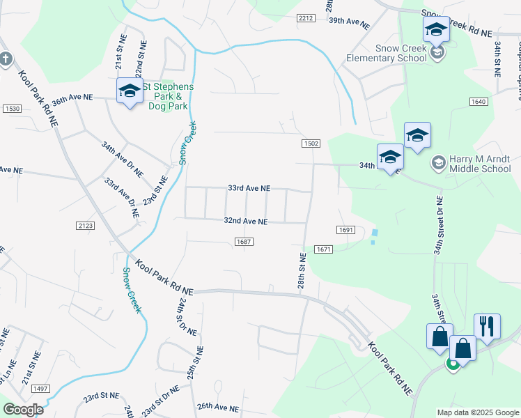 map of restaurants, bars, coffee shops, grocery stores, and more near 3225 27th Street Northeast in Hickory