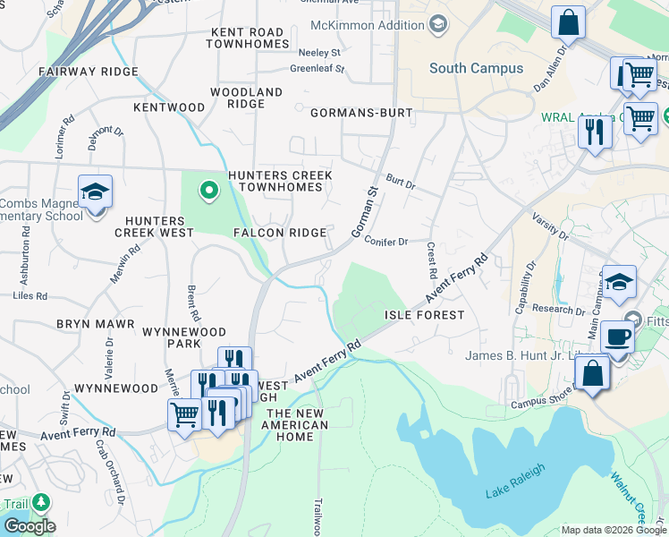 map of restaurants, bars, coffee shops, grocery stores, and more near 1511 Graduate Lane in Raleigh