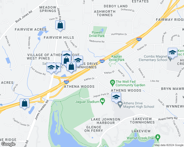 map of restaurants, bars, coffee shops, grocery stores, and more near 1100 Athens Drive in Raleigh