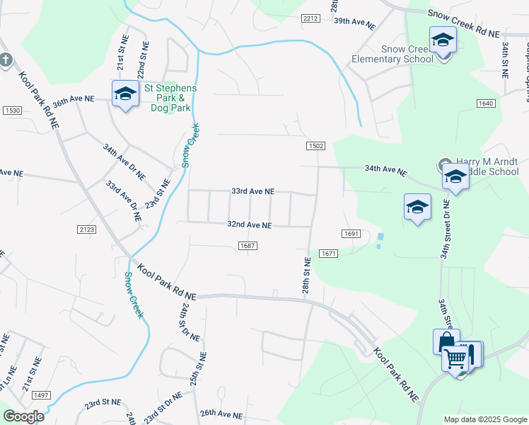 map of restaurants, bars, coffee shops, grocery stores, and more near 3225 27th Street Northeast in Hickory