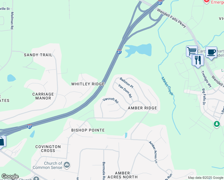 map of restaurants, bars, coffee shops, grocery stores, and more near 2212 Ballston Place in Knightdale