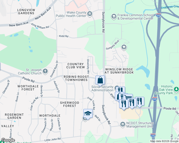 map of restaurants, bars, coffee shops, grocery stores, and more near 635 Rawls Drive in Raleigh