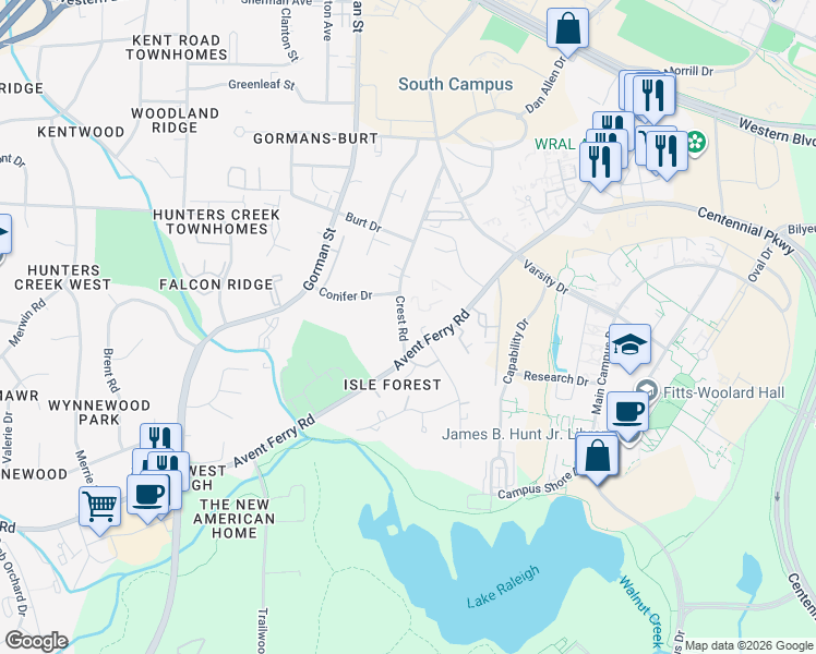 map of restaurants, bars, coffee shops, grocery stores, and more near 1729 Crest Road in Raleigh