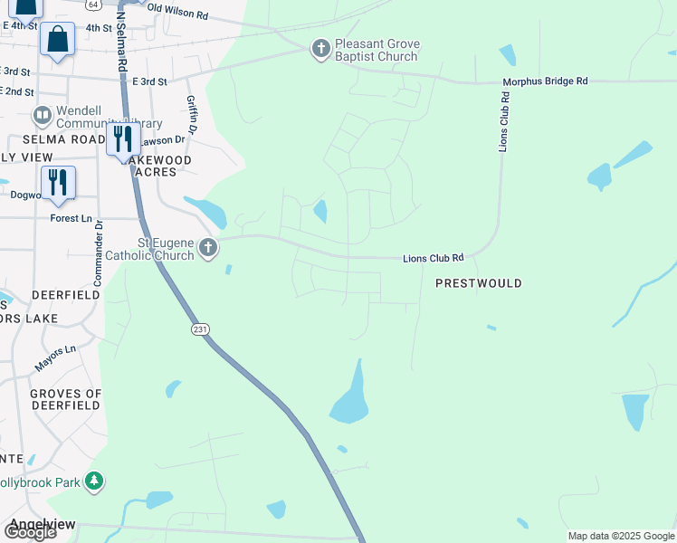 map of restaurants, bars, coffee shops, grocery stores, and more near Stream Walk Crossing in Wendell