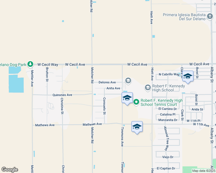 map of restaurants, bars, coffee shops, grocery stores, and more near 800 Delores Avenue in Delano