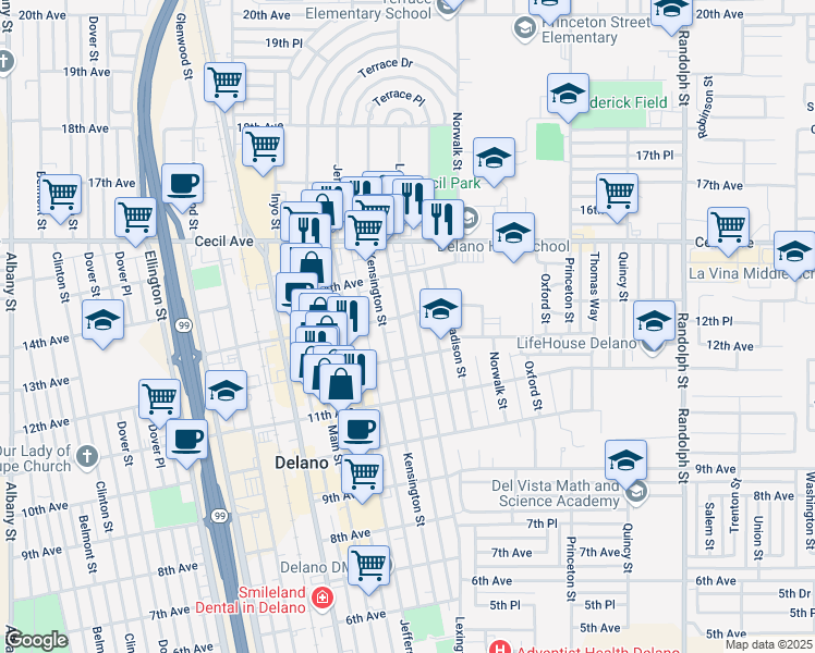 map of restaurants, bars, coffee shops, grocery stores, and more near 1230 Lexington Street in Delano