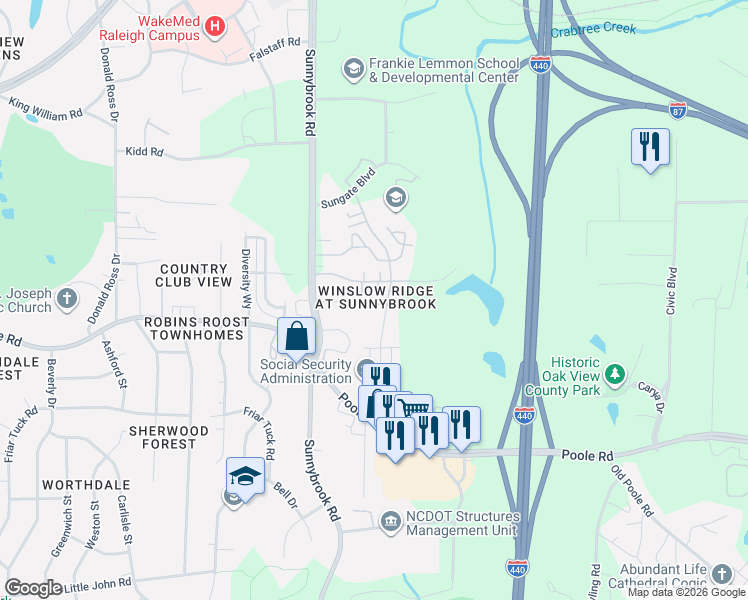 map of restaurants, bars, coffee shops, grocery stores, and more near 509 Erie Road in Raleigh