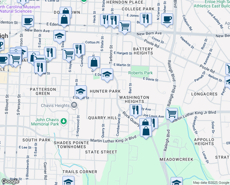 map of restaurants, bars, coffee shops, grocery stores, and more near 839 Postell Street in Raleigh