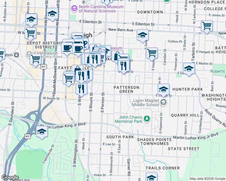 map of restaurants, bars, coffee shops, grocery stores, and more near 513 South Person Street in Raleigh