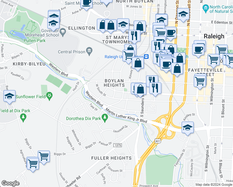 map of restaurants, bars, coffee shops, grocery stores, and more near 524 South Boylan Avenue in Raleigh