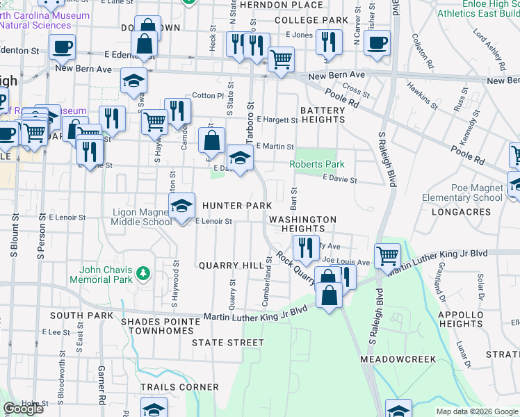 map of restaurants, bars, coffee shops, grocery stores, and more near 839 Postell Street in Raleigh