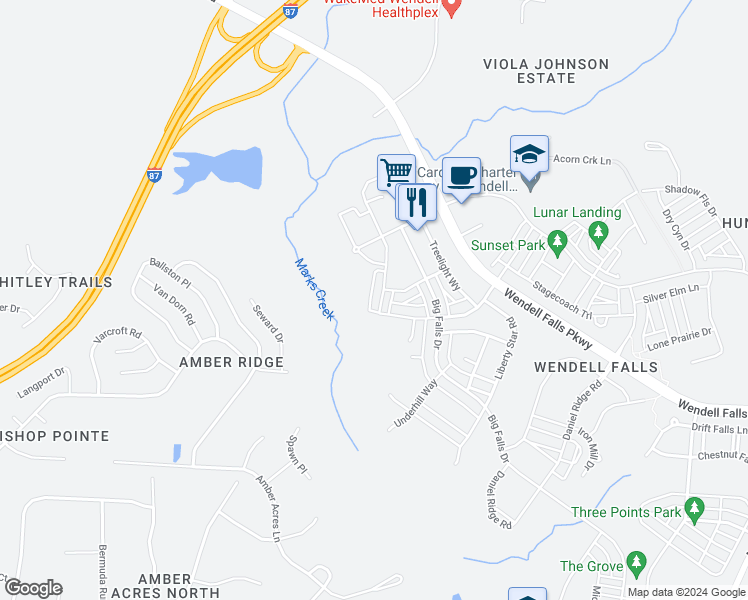 map of restaurants, bars, coffee shops, grocery stores, and more near 1178 Cottonsprings Drive in Wendell