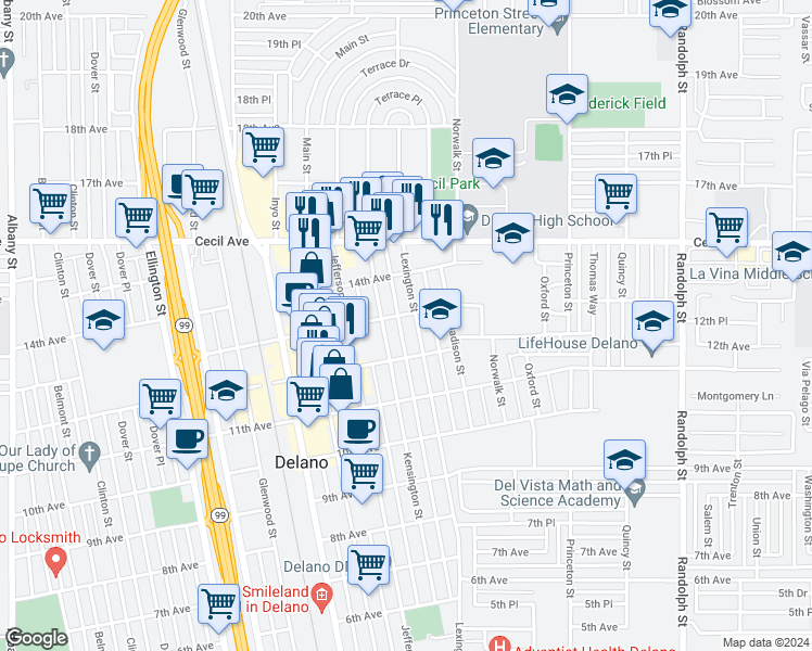 map of restaurants, bars, coffee shops, grocery stores, and more near 1225 Lexington Street in Delano