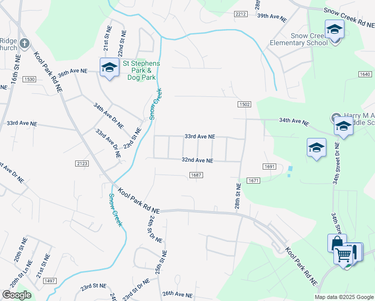 map of restaurants, bars, coffee shops, grocery stores, and more near 3224 25th Street Court Northeast in Hickory