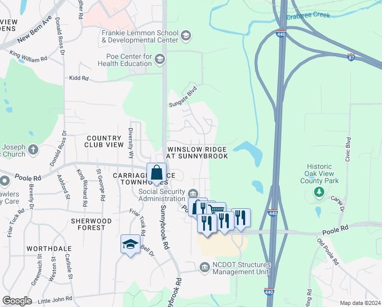 map of restaurants, bars, coffee shops, grocery stores, and more near 3359 Bridgeville Road in Raleigh