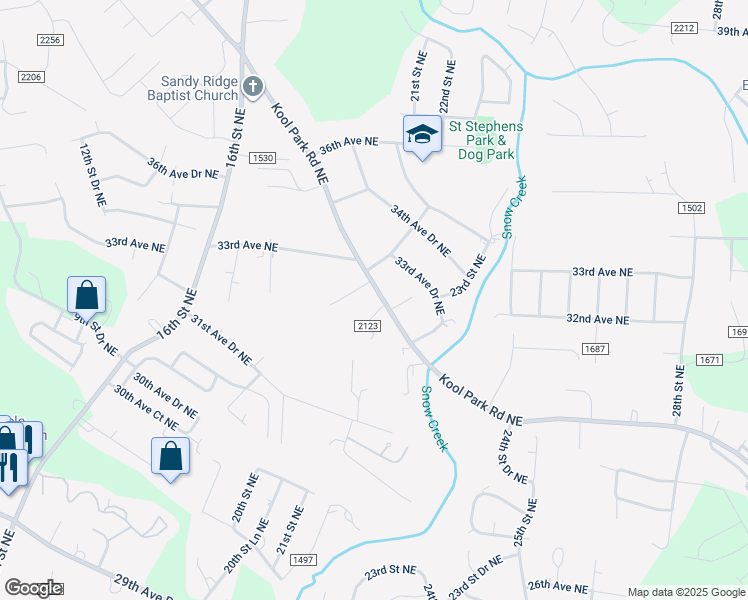 map of restaurants, bars, coffee shops, grocery stores, and more near 2124 Kool Park Road Northeast in Hickory