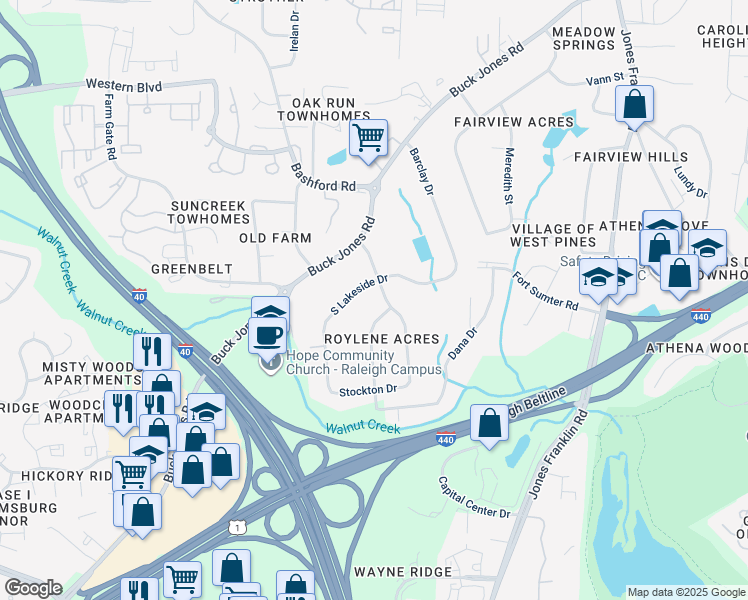 map of restaurants, bars, coffee shops, grocery stores, and more near 5205 Norman Place in Raleigh