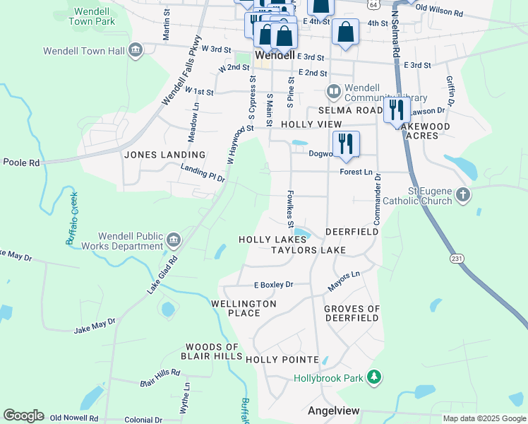 map of restaurants, bars, coffee shops, grocery stores, and more near 233 Redberry Drive in Wendell